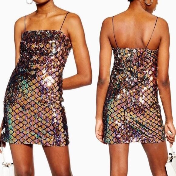 Topshop US 2 Multicolored Mirror Sequin Bodycon Cocktail Party Dress - Picture 4 of 11